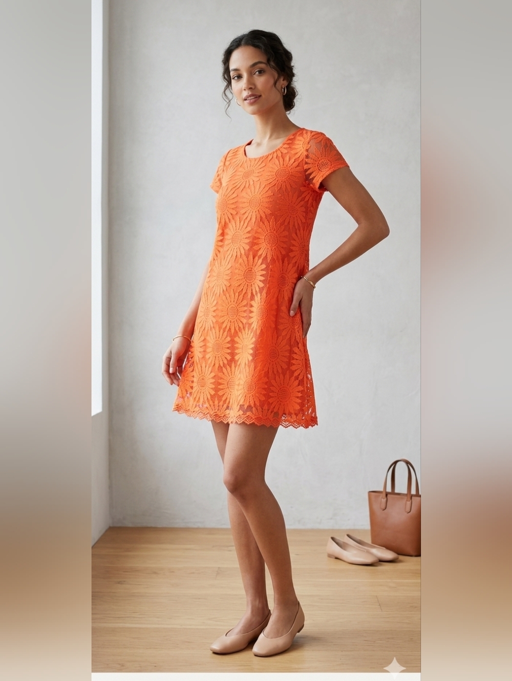 Kimchi Blue Anthro Neon Orange Daisy Lace Trapeze Mini Dress Sz XS MSRP $69 NWT